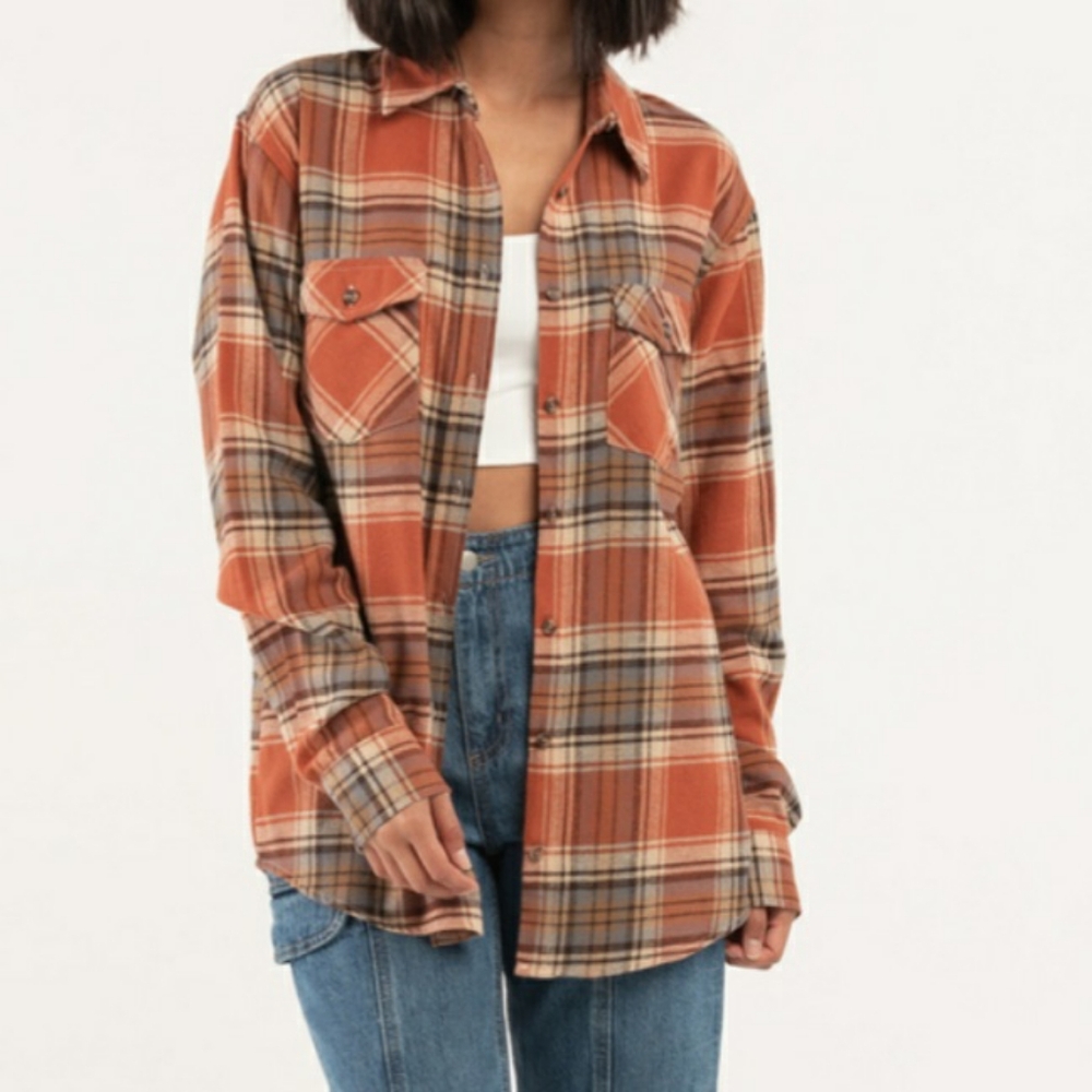 RSQ Tillys Womens Plaid Flannel Rust Size S Cowgirl Western Farmhouse 90s Grunge